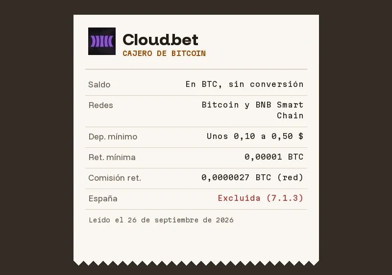 Resguardo del cajero de bitcoin de Cloudbet: saldo, redes, mínimos y comisión