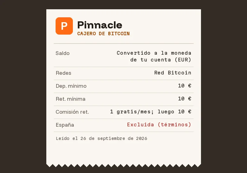 Resguardo del cajero de bitcoin de Pinnacle: saldo, redes, mínimos y comisión