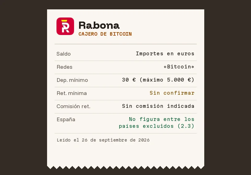 Resguardo del cajero de bitcoin de Rabona: saldo, redes, mínimos y comisión