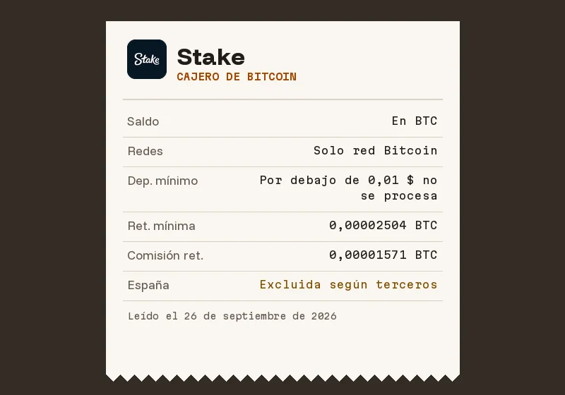 Resguardo del cajero de bitcoin de Stake: saldo, redes, mínimos y comisión